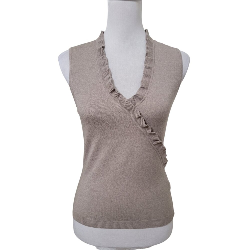 Jacob, Size M Taupe Colored V Neck Sleeveless Knit Sweater, Ruffle Detail